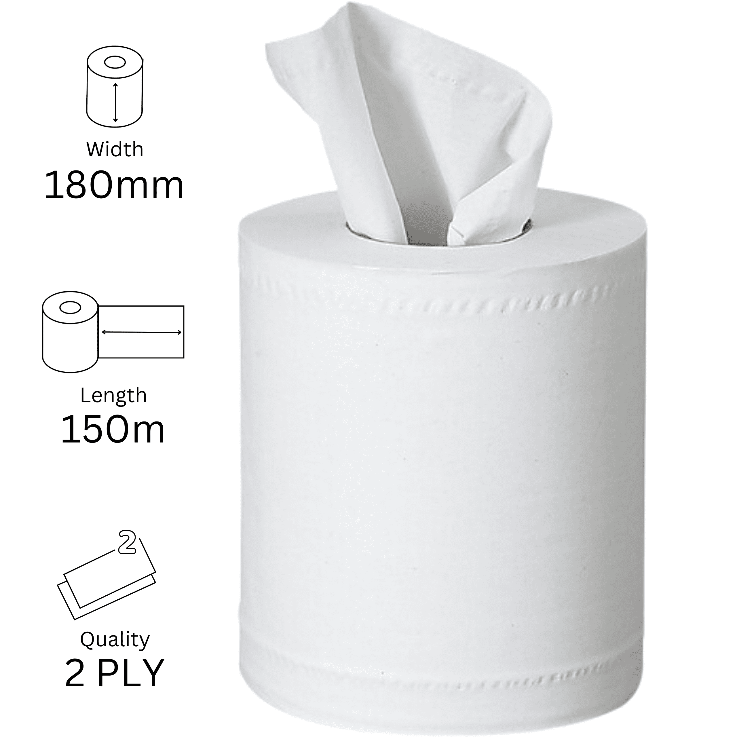 Centre Pull Rolls 2 Ply WHITE 180mm x 150m X 6 Centre Pull Rolls 2 Ply WHITE 180mm x 150m X 6