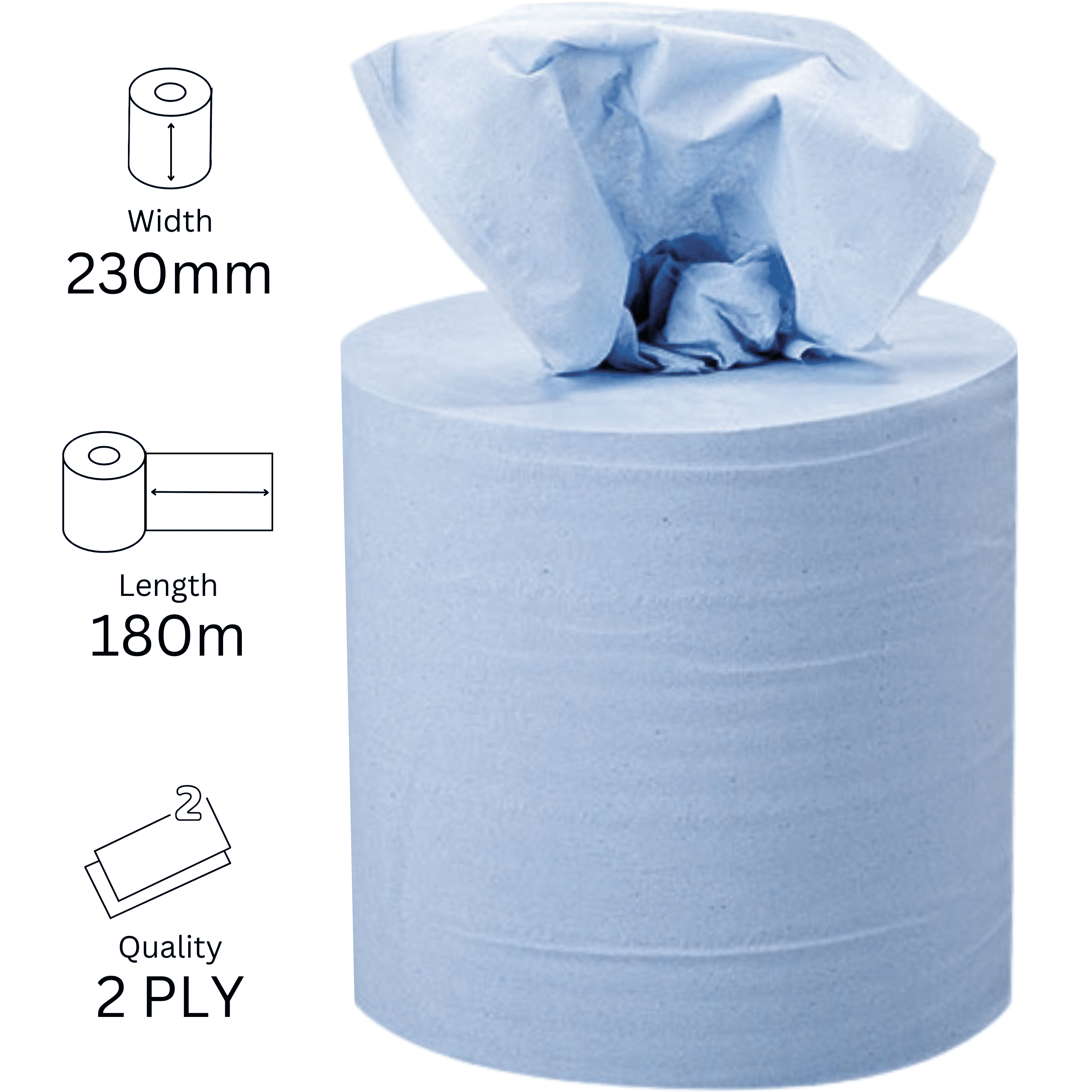 Centre Pull Rolls 2 Ply BLUE 230mm x 180m X 6 (0142) Centre Pull Rolls 2 Ply BLUE 230mm x 180m X 6 (0142)