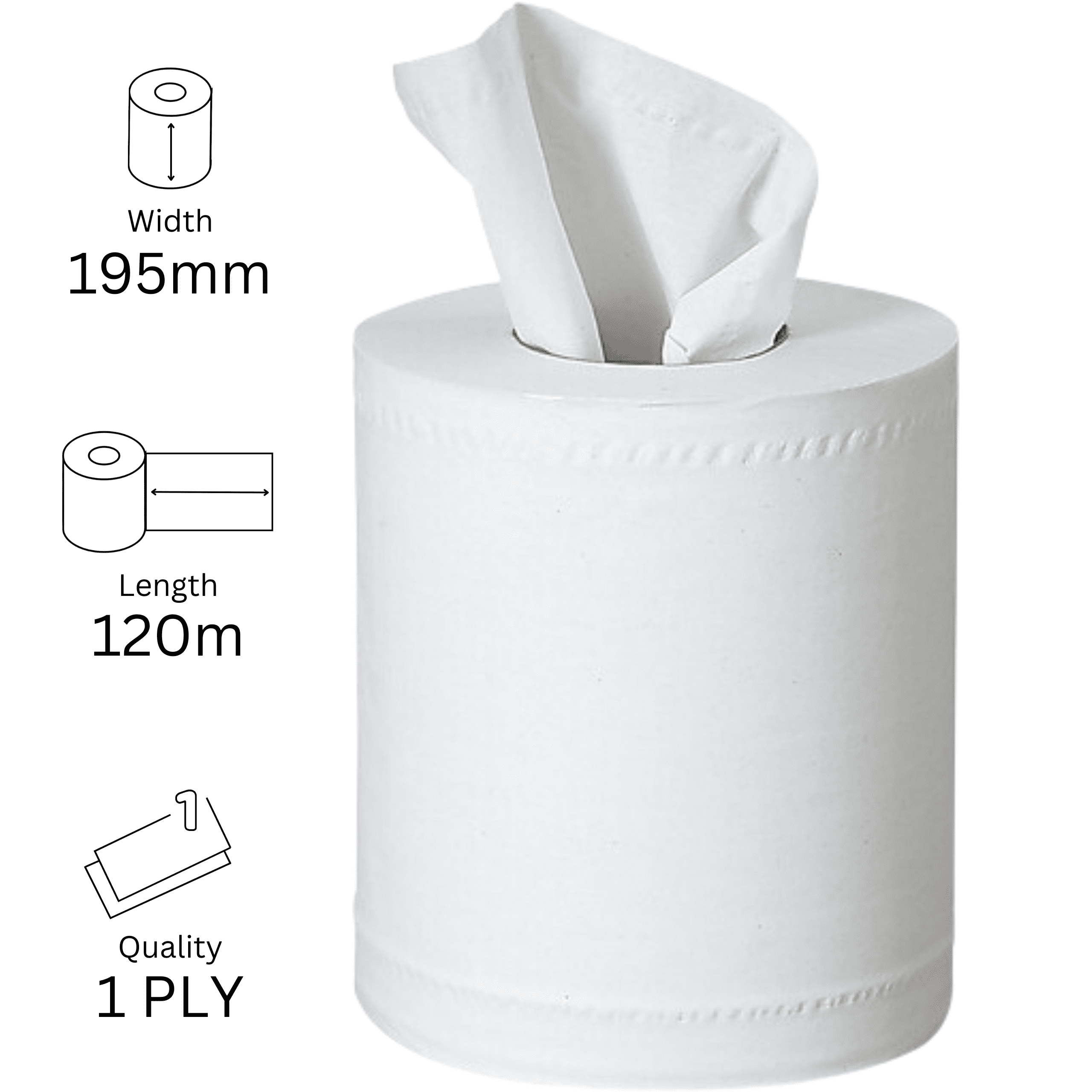 Centre Pull Rolls Mini 1 Ply WHITE 195mm x 120m X 12 (0110) Centre Pull Rolls Mini 1 Ply WHITE 195mm x 120m X 12 (0110)